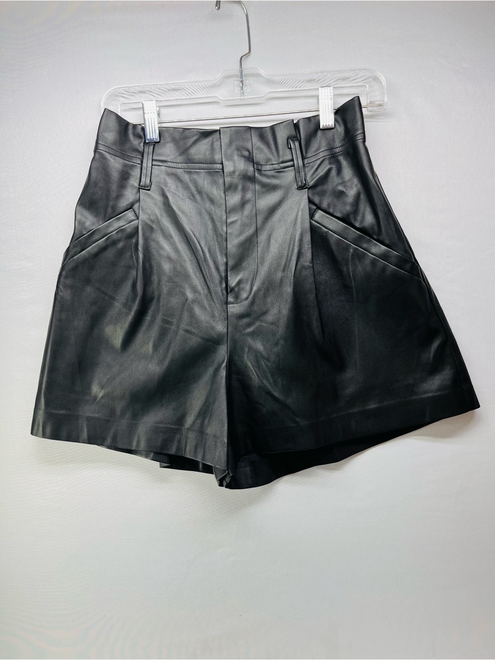 Elan Black High-Waist Faux Leather Pleated Shorts